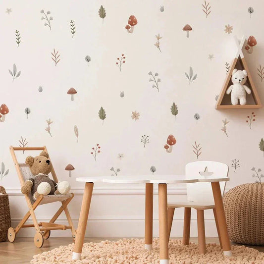 Cartoon Mushroom Branch Leaves Flowers Pattern Wall Stickers 